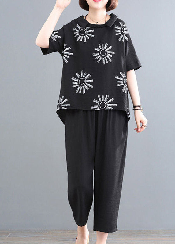 Chic Black Print O-Neck Top und Crop Pants Zweiteilige Sets Summe