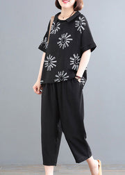 Chic Black Print O-Neck Top und Crop Pants Zweiteilige Sets Summe