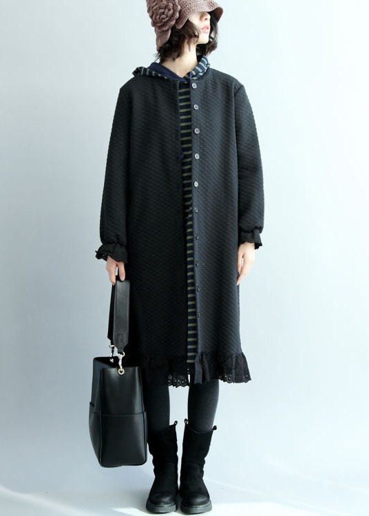 Chic Black Ruffled Button Cotton trench coats Spring