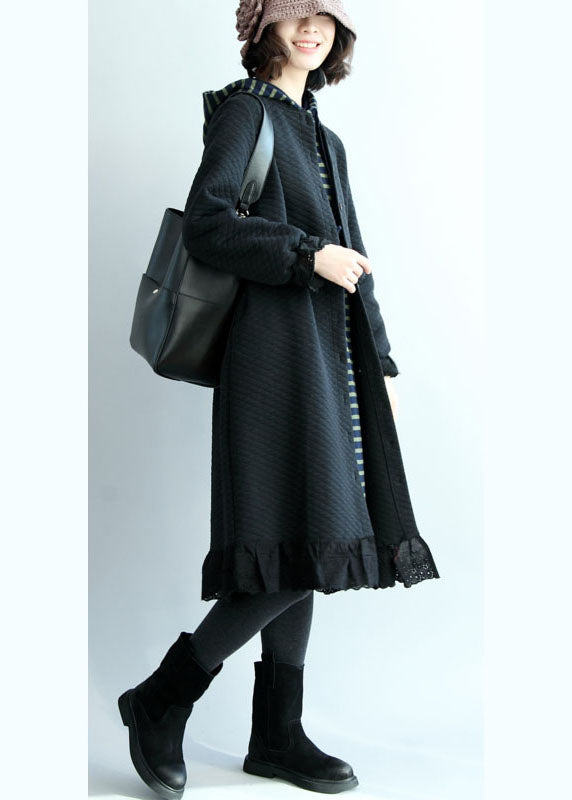 Chic Black Ruffled Button Cotton trench coats Spring