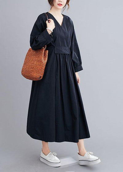 Chic Black Slim Fit V Neck Pockets Fall Long Dresses Long Sleeve - bagstylebliss