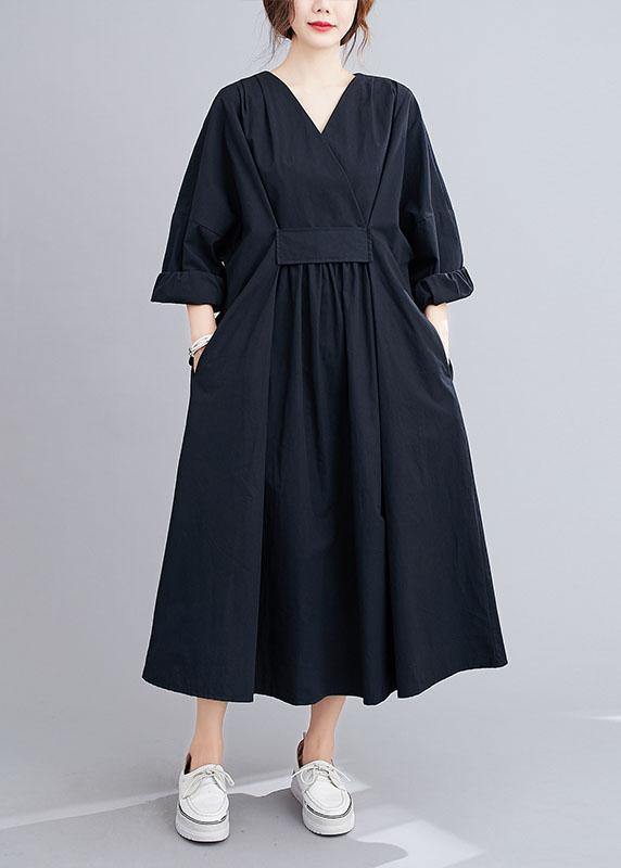 Chic Black Slim Fit V Neck Pockets Fall Long Dresses Long Sleeve - bagstylebliss