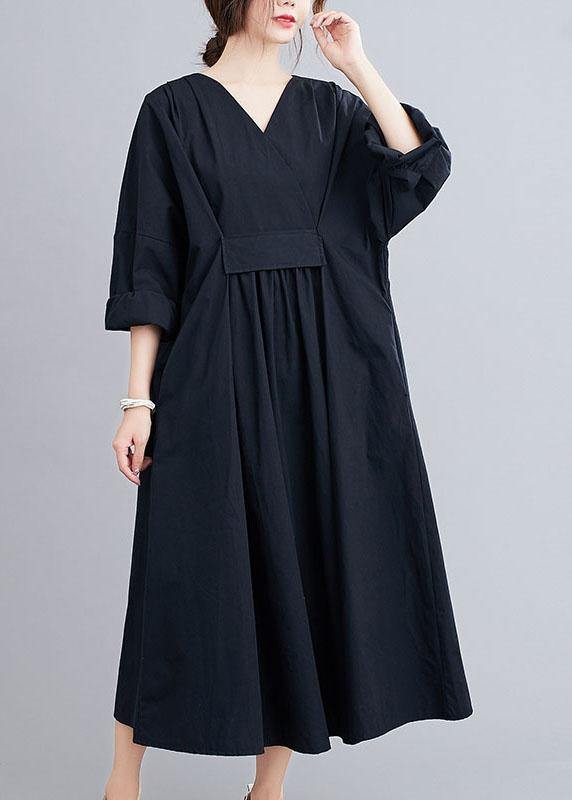 Chic Black Slim Fit V Neck Pockets Fall Long Dresses Long Sleeve - bagstylebliss