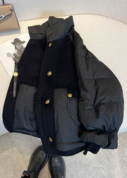 Chic Black Stand Collar Drawstring Zippered Fine Cotton Filled Puffer Jacket Winter