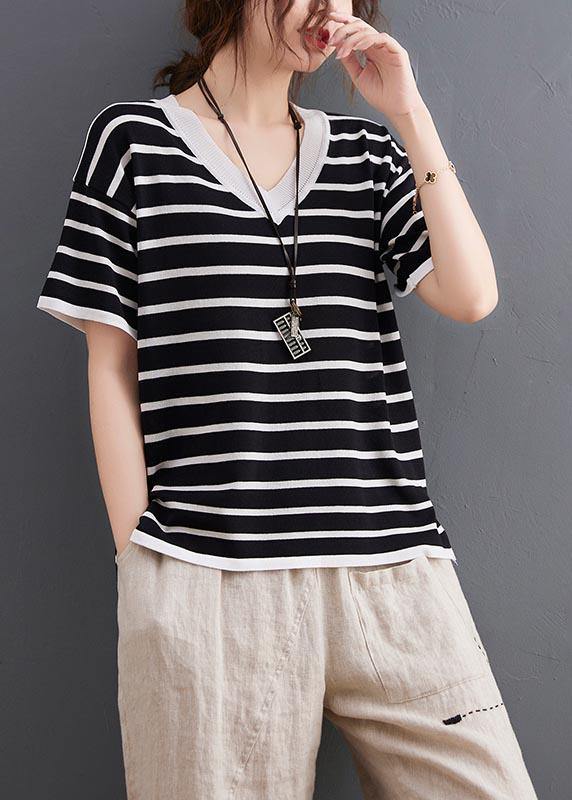 Chic Black Striped V Neck Cotton Linen Summer Tee - bagstylebliss