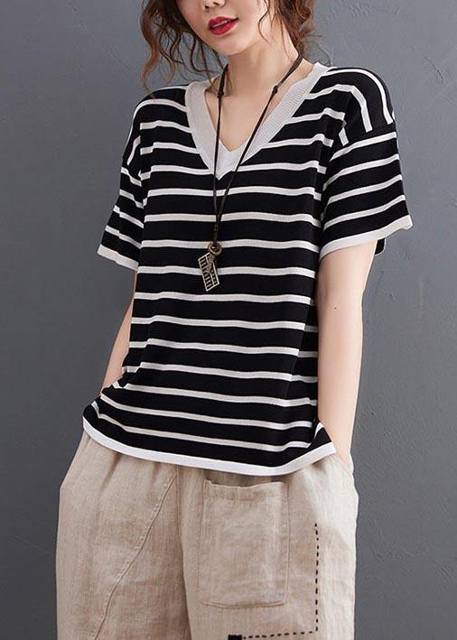 Chic Black Striped V Neck Cotton Linen Summer Tee - bagstylebliss