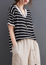 Chic Black Striped V Neck Cotton Linen Summer Tee - bagstylebliss