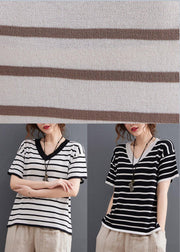 Chic Black Striped V Neck Cotton Linen Summer Tee - bagstylebliss