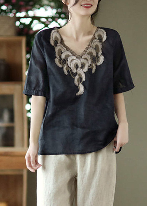 Chic Black V Neck Embroidered Linen Floral Shirts