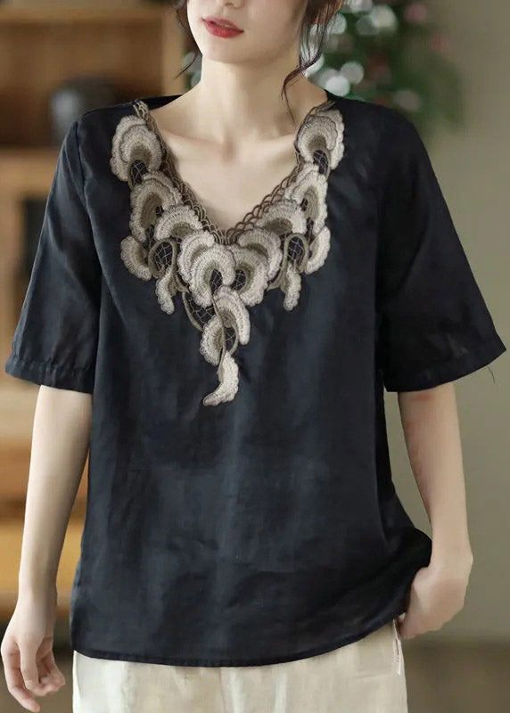 Chic Black V Neck Embroidered Linen Floral Shirts