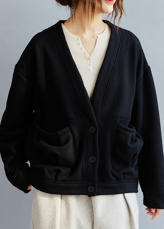 Chic Black V Neck Pockets Warm Fleece Coat Winter