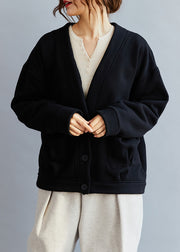 Chic Black V Neck Pockets Warm Fleece Coat Winter