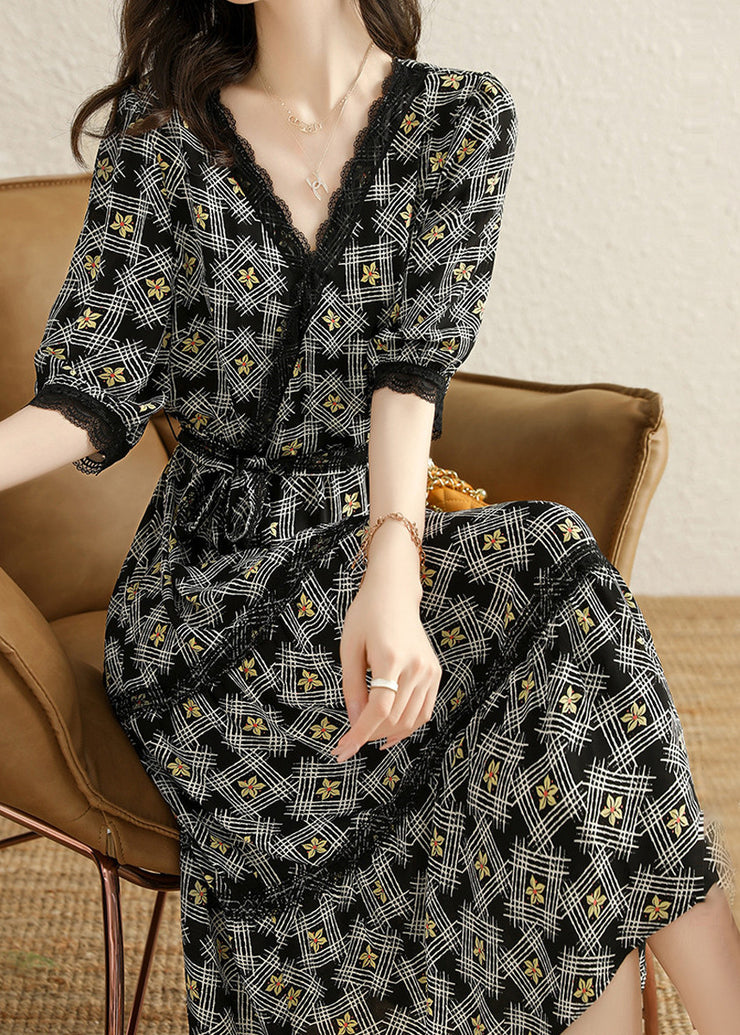 Chic Black V Neck Print Tie Waist Cotton Long Dresses Half Sleeve