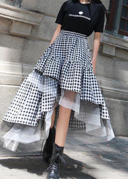 Chic Black White Plaid Ruffles Patchwork Lace Skirt Summer - bagstylebliss