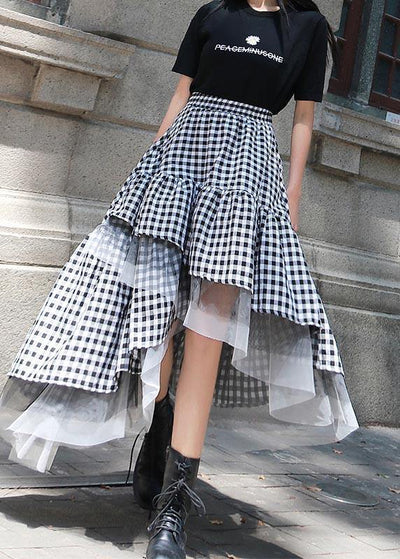 Chic Black White Plaid Ruffles Patchwork Lace Skirt Summer - bagstylebliss