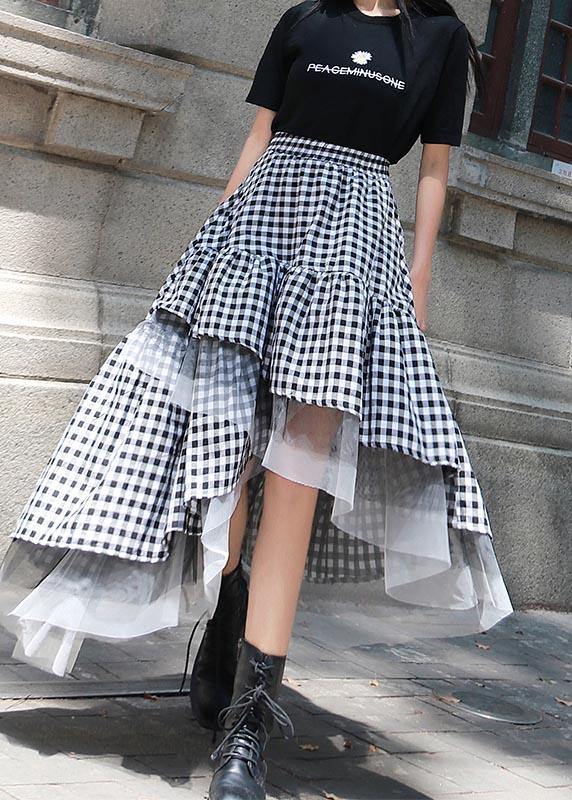 Chic Black White Plaid Ruffles Patchwork Lace Skirt Summer - bagstylebliss