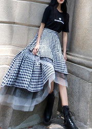 Chic Black White Plaid Ruffles Patchwork Lace Skirt Summer - bagstylebliss