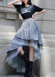 Chic Black White Plaid Ruffles Patchwork Lace Skirt Summer - bagstylebliss