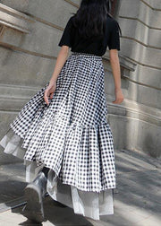 Chic Black White Plaid Ruffles Patchwork Lace Skirt Summer - bagstylebliss