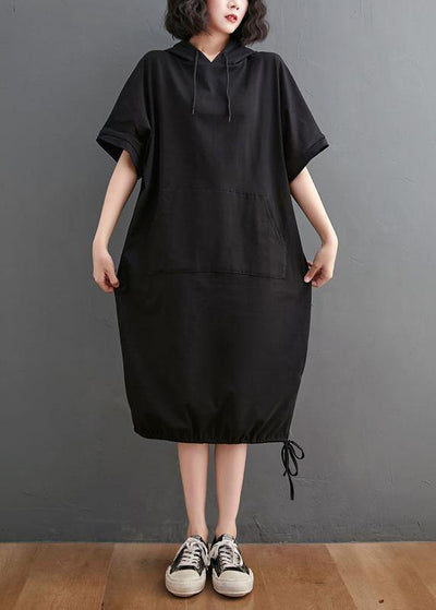 Chic Black hooded Pockets Mid Summer Cotton Dress - bagstylebliss