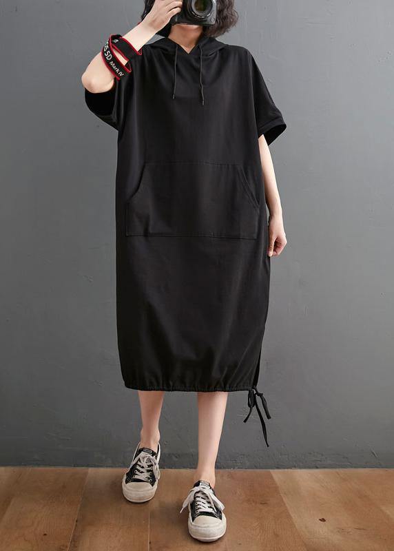 Chic Black hooded Pockets Mid Summer Cotton Dress - bagstylebliss