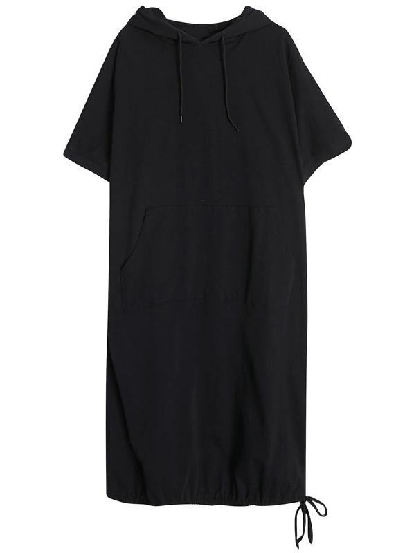 Chic Black hooded Pockets Mid Summer Cotton Dress - bagstylebliss