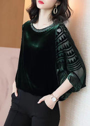 Chic Blackish Green Zircon Patchwork Silk Velour Top Batwing Sleeve