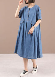 Chic Blue Button Cinched Denim Summer Dresses - bagstylebliss
