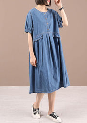 Chic Blue Button Cinched Denim Summer Dresses - bagstylebliss