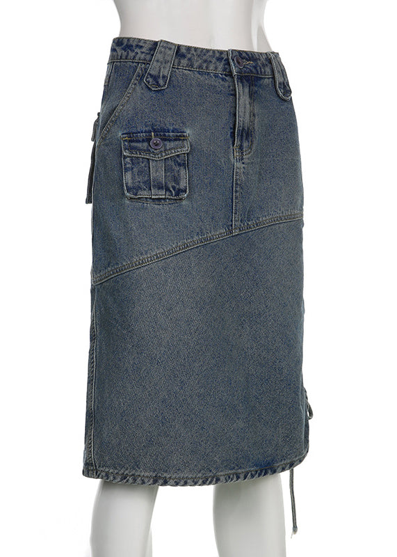 Chic Blue Drawstring Pockets Patchwork Denim Skirt Fall