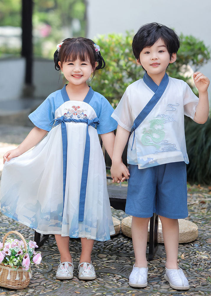 Chic Blue Embroidered Patchwork Cotton Baby Girls Dress Summer