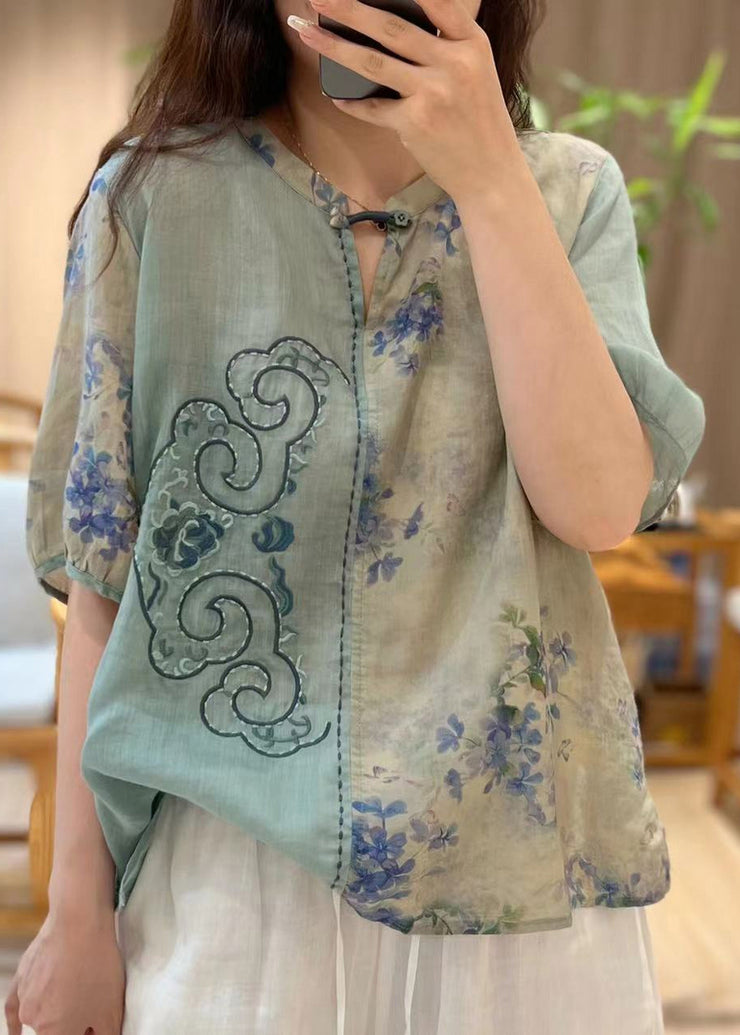 Chic Blue Embroidered Print Patchwork Linen Tops Half Sleeve