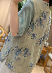 Chic Blue Embroidered Print Patchwork Linen Tops Half Sleeve