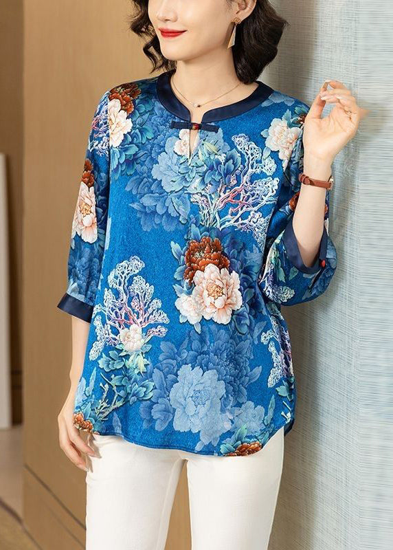 Chic Blue O Neck Print Patchwork Silk Shirt Bracelet Sleeve