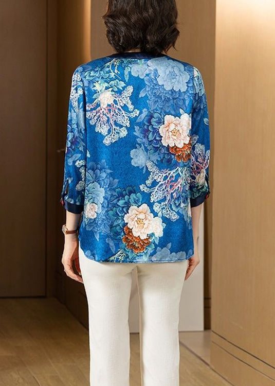 Chic Blue O Neck Print Patchwork Silk Shirt Bracelet Sleeve