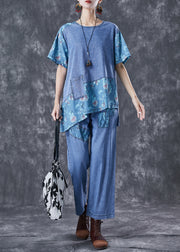 Chic Blue Oversized Asymmetrical Patchwork Denim Two Pieces Set Summer