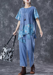 Chic Blue Oversized Asymmetrical Patchwork Denim Two Pieces Set Summer