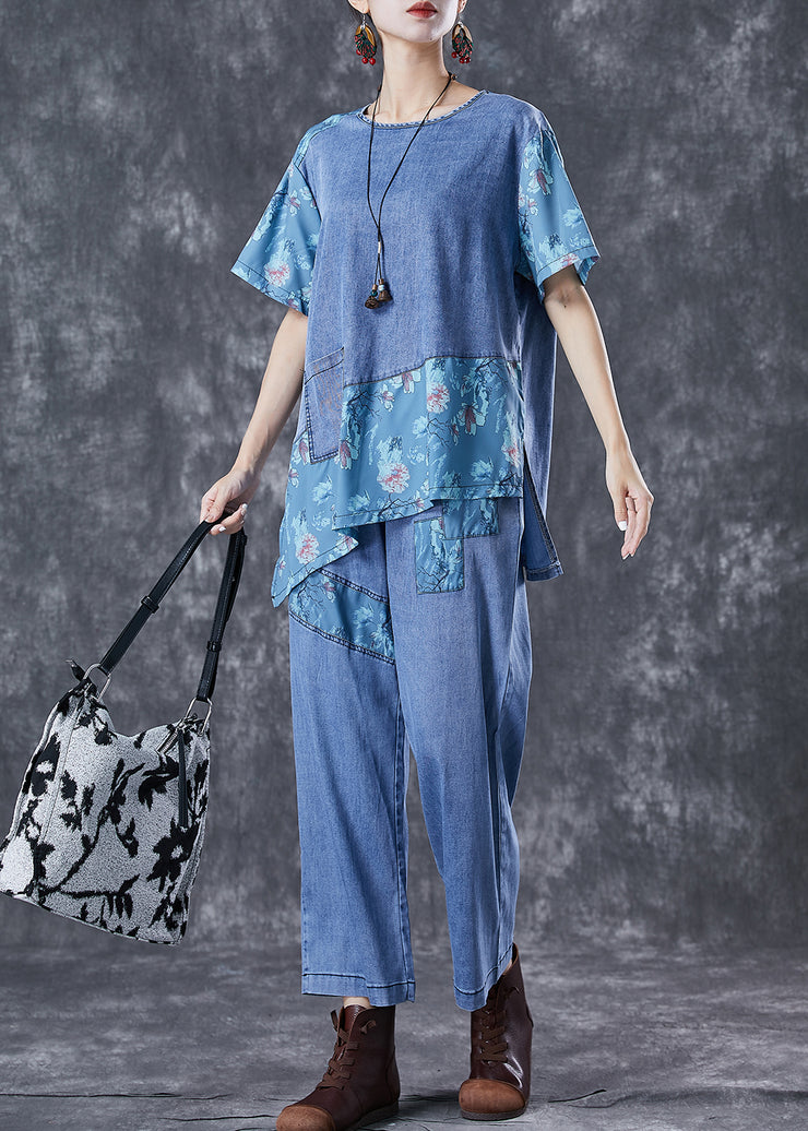 Chic Blue Oversized Asymmetrical Patchwork Denim Two Pieces Set Summer