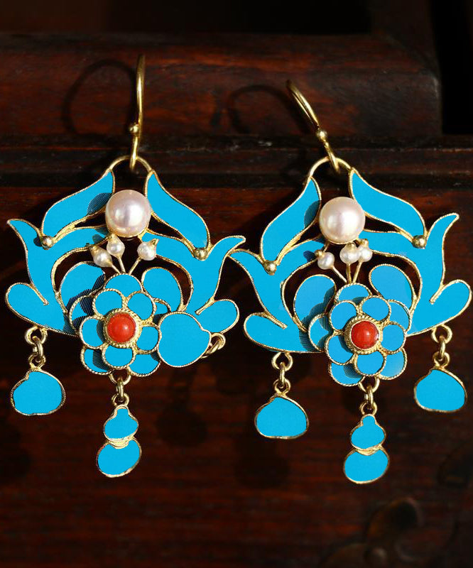 Chic Blue Pearl Tassel Cloisonne Hoop Earrings