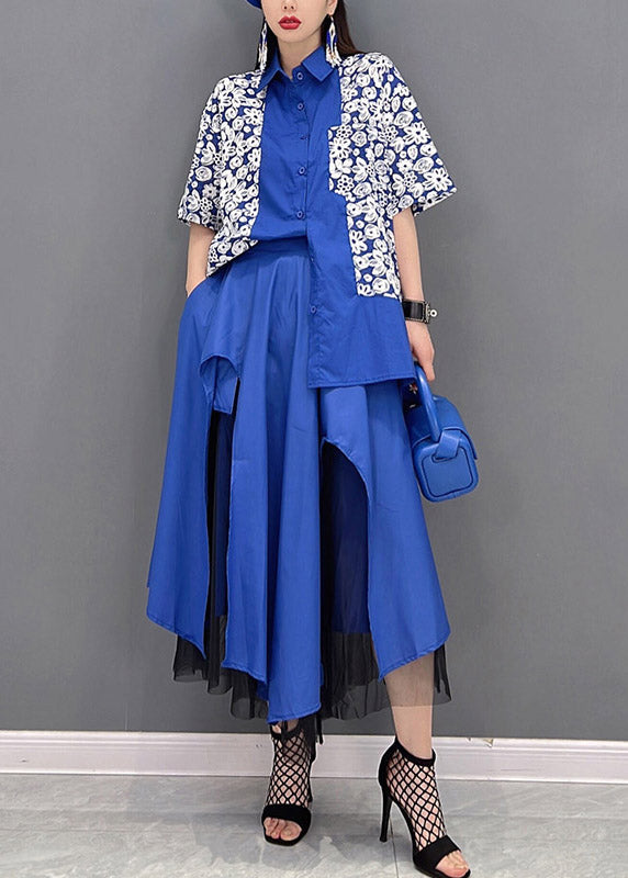 Chic Blue Peter Pan Collar asymmetrical design Tulle Patchwork Shirt And Skirt Two Pieces Sets Summer