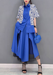 Chic Blue Peter Pan Collar asymmetrical design Tulle Patchwork Shirt And Skirt Two Pieces Sets Summer