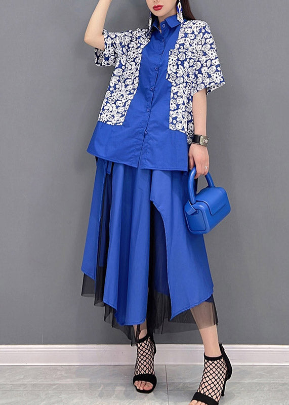 Chic Blue Peter Pan Collar asymmetrical design Tulle Patchwork Shirt And Skirt Two Pieces Sets Summer