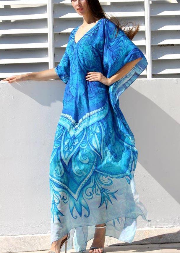 Chic Blue Print kimono robe Maxi Dresses  Cotton Dress - bagstylebliss