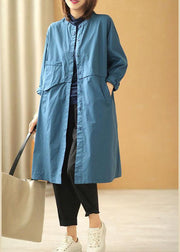 Chic Blue Stand Collar Button Pockets Fall Cotton Coats Long sleeve - bagstylebliss