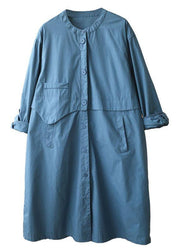Chic Blue Stand Collar Button Pockets Fall Cotton Coats Long sleeve - bagstylebliss