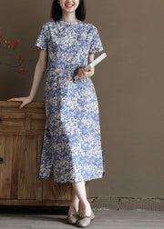 Chic Blue Stand Collar Print Side Open Cotton Long Dress Short Sleeve