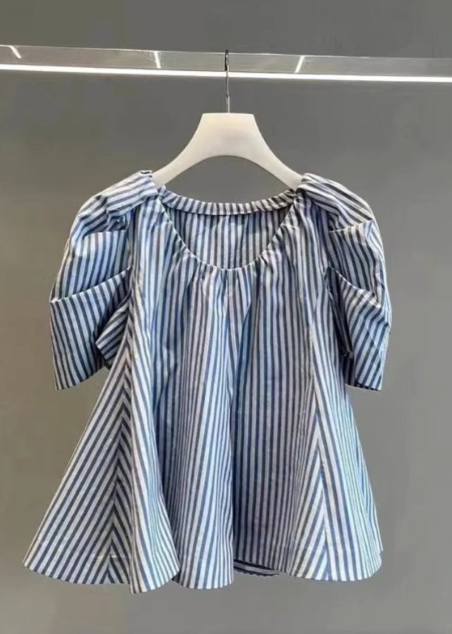 Chic Blue Striped Cotton Shirts Puff Sleeve