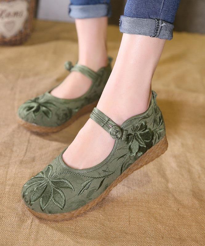 Chic Buckle Strap Flat Feet Shoes Green Embroideried Cotton Fabric - bagstylebliss