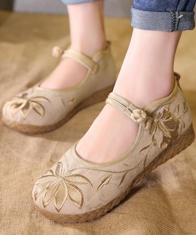 Chic Buckle Strap Flat Feet Shoes Green Embroideried Cotton Fabric - bagstylebliss