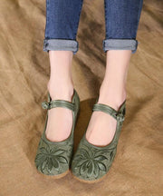 Chic Buckle Strap Flat Feet Shoes Green Embroideried Cotton Fabric - bagstylebliss